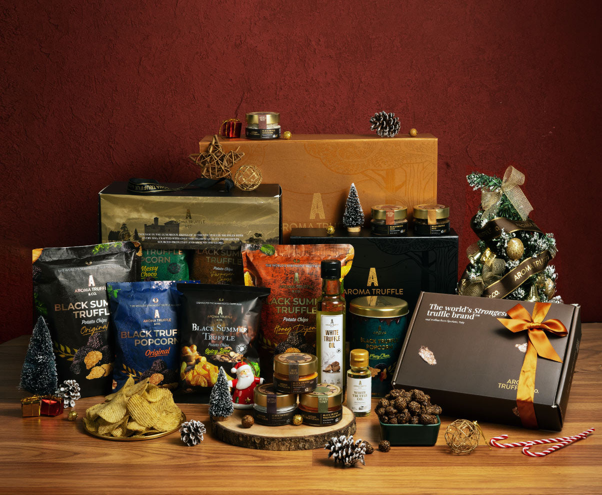 Aroma Truffle products on red background