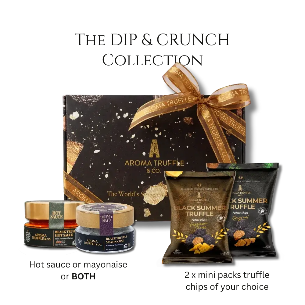 Aroma Truffle The Dip & Crunch Collection Truffle condiments and chips for gifting a gift box.