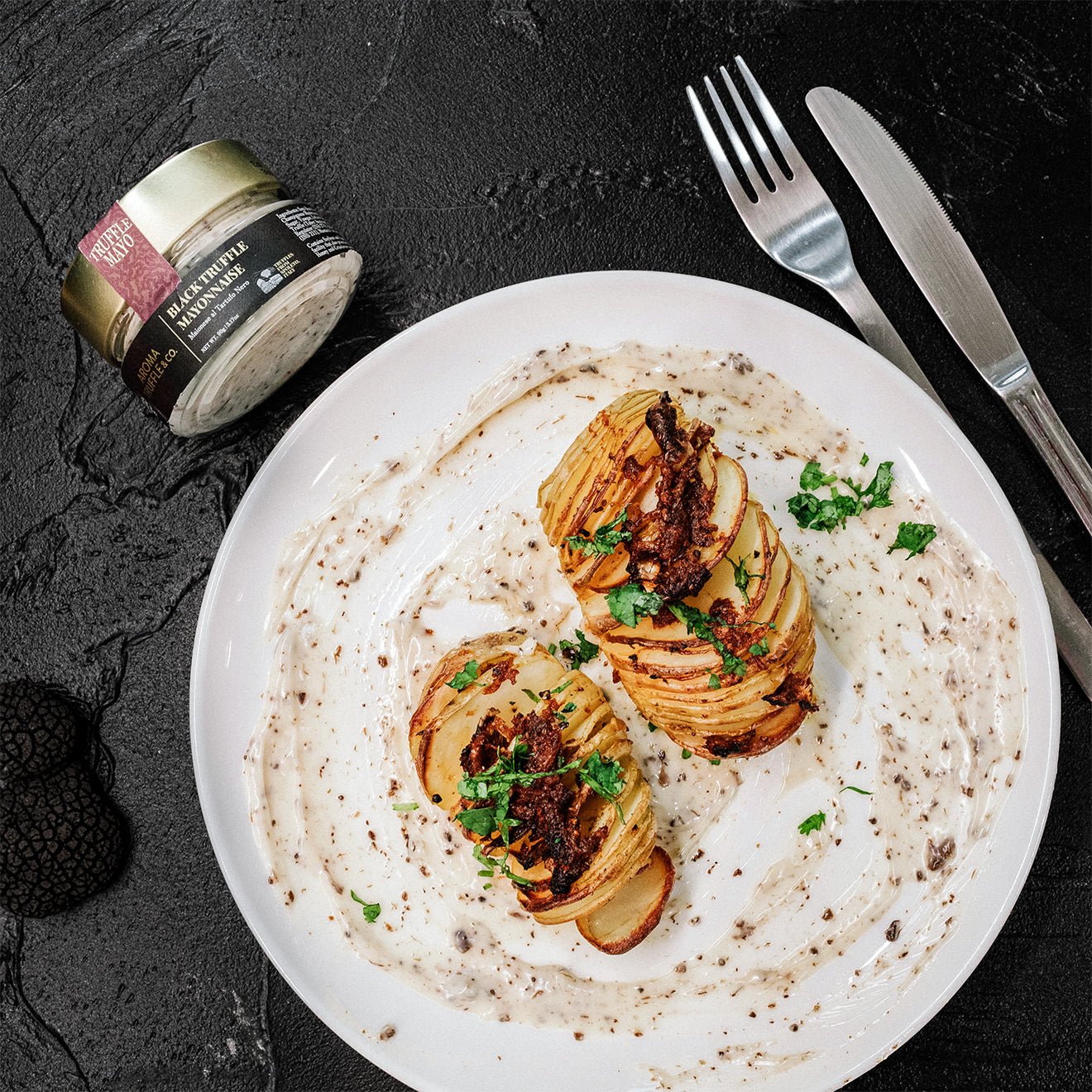 Roasted Garlic Butter Hasselback Potatoes w/ Truffle Mayonnaise - Aroma Truffle