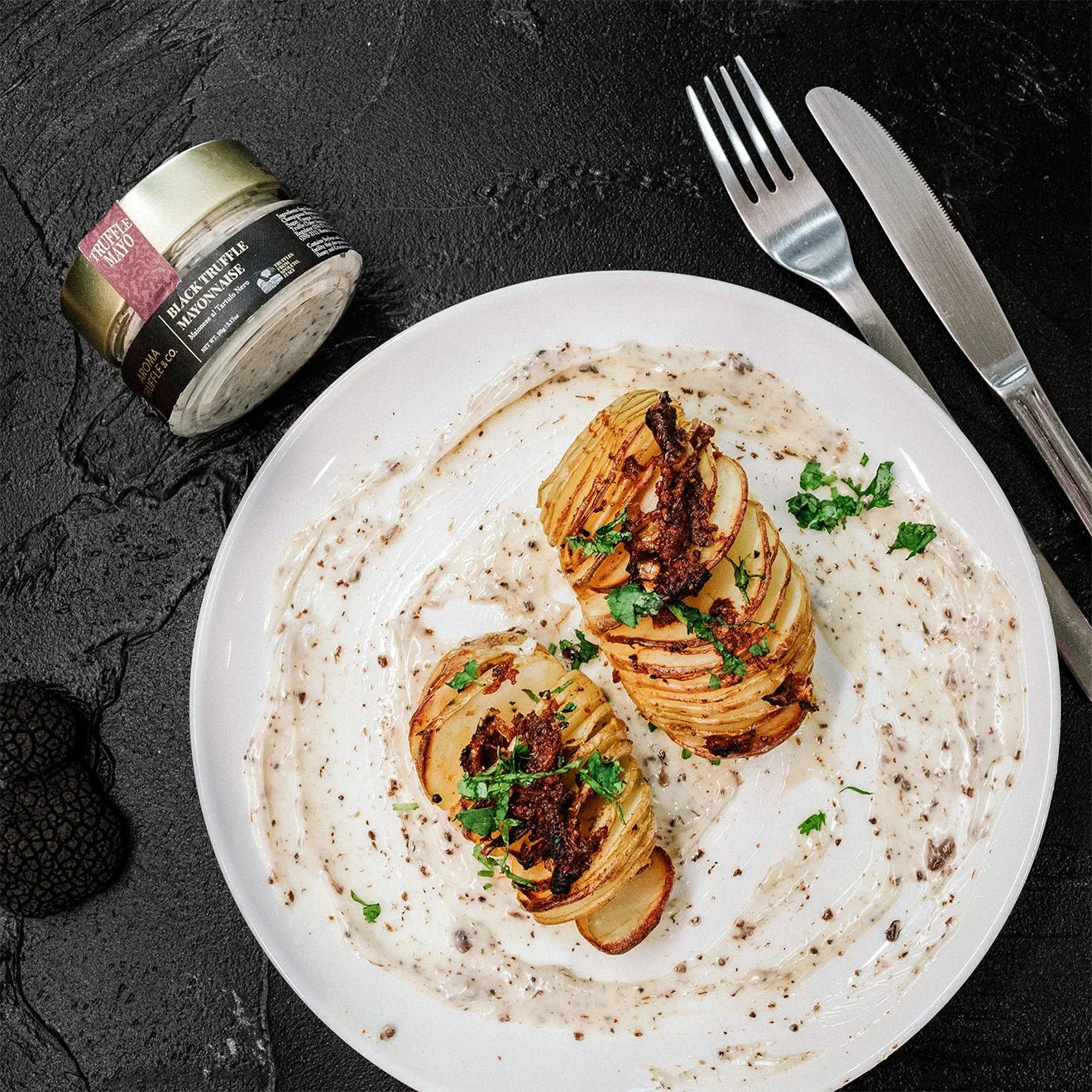 Roasted Garlic Butter Hasselback Potatoes w/ Truffle Mayonnaise