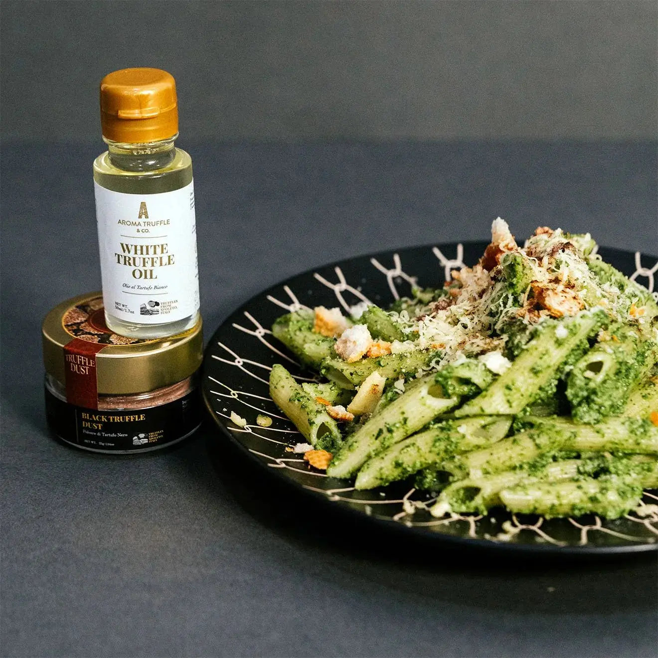 Truffle Pesto Pasta with Truffle Oil, Truffle Dust, and Breadcrumbs - Aroma Truffle