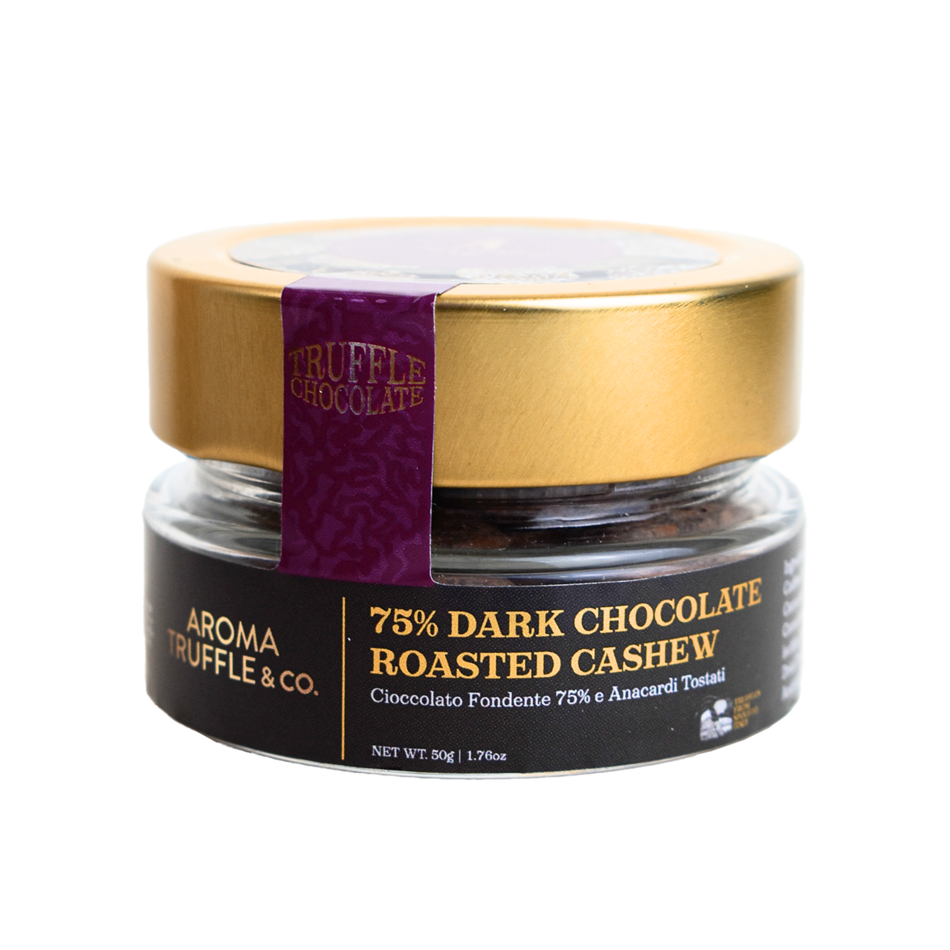 Jar of 75% Dark Chocolate Roasted Cashew by Aroma Ruffle & Co. with gold lid and black label.
