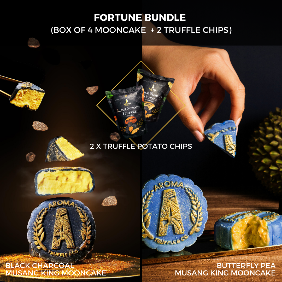 [Early Bird] Black Charcoal / Butterfly Pea Musang King Mooncake (Box of 4 Mooncake + 2 Truffle Chips)